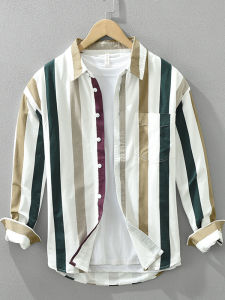 Fall Season Color Block Trendy Striped Casual Shirt New 2025 Retro Hong Kong Style Loose Long Sleeve Shirt Jacket Top