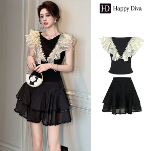 Happy Diva Womens Black Cropped Shirt Top Black A-line Skirt Set 91660