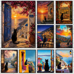 Black Cat Landscape Poster Santorini Mediterranean Scenic Canvas Painting Frameless Aesthetic Travel Wall Art for Home Decortion