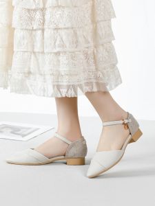 Elegant French Style Single Shoes for Women Convenient Slip-On Buckle Design Low Heel Pointed Toe Fashionable Spring Summer Shoes