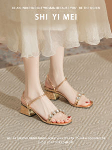 Gold Strap Rhinestone Sandals Womens Chunky Heel 2025 New Fairy Style Beautiful Two-Way Slip-On Summer Outdoor Fashionable