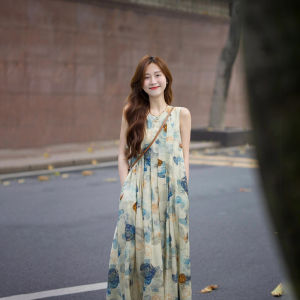 XUECAIQI | Autumn Korean Business Casual Matching Set Vintage Denim Jacket Ink Wash Painting Floral Dress