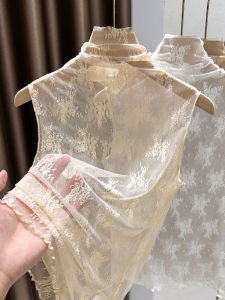 Spring Autumn Lace Mesh Sleeveless Thin Vest Half High Collar Inner Wear Base Shirt Korean Style Slim Fit Nylon Spandex Blend