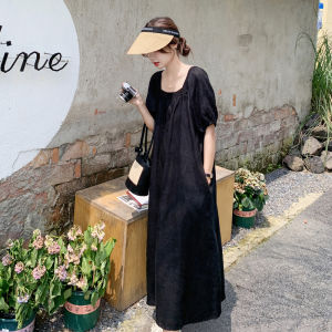 ชุดเดรสยาวทรงเอเอวสูงผ้าฝ้ายแขนสั้นฤดูร้อนสำหรับผู้หญิงไซส์ใหญ่ ทรงหลวม ปกปิดหน้าท้อง ทรงหลวม ทรงหลวม ทรงหลวม