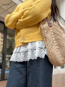 Lace Trim Hem Base Skirt Sweatshirt Overlap Half-length Outerwear Casual Style Mid-waist Elastic Waist Nylon Cotton Blend