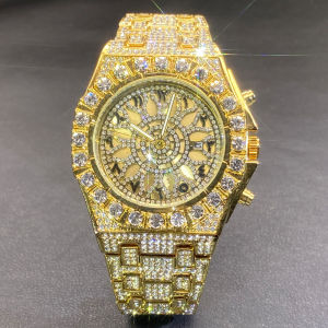 MissFox | MISSFOX Hip Hop Wristwatch For Men Luxury lce Out Full Diamond Watches Fashion Green Watch Wterproof Week Display Clock 2025