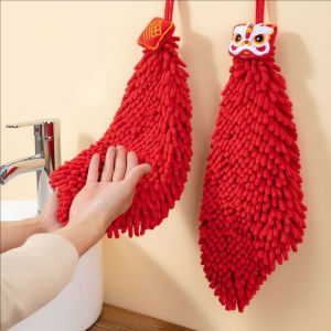 Chinese Style Chenille Hand Towel Cute Lion Dance Koi Hanging Hand Towel Red Lucky Wipe 2025 New Year Kitchen Toilet Handkerchief New Year Decoration