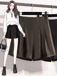 กางเกงขาสั้นทรงเอผ้า PU สีดำสุดหรูสำหรับผู้หญิง กางเกงขายาวลำลองสไตล์เกาหลีเอวสูง กางเกงขายาวทรงหลวมสำหรับใส่ทำงานในฤดูใบไม้ร่วง