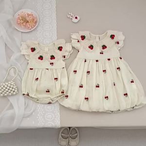 2026 New Summer Girl Party Embroidery Dress 2-6Yrs Short Sleeved Dress Kids Princess Sweet Birthday Cherry Dress
