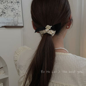 Original Design Silk Ribbon Butterfly Knot Flower Pearl Hair Tie Satin Hair Band High-End Feeling Hair Cord Fresh Outlined