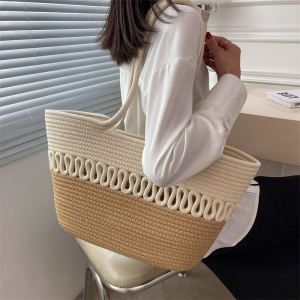 Summer Large Capacity Hollow out Cotton Thread Woven Shoulder Bag French Style Straw Basket Beach Vacation Womens Handbag