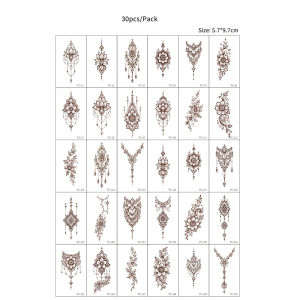 30pcs Small Size Brown Henna Tattoo Stickers Waterproof Black Mini Lotus Temporary Tattoos for Hand Finger Fake Tattoo for Women