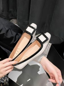 2025 New Square Buckle Spliced Color Flat Heel Single Shoes Womens French Style round Head Shallow Mouth Patent Leather Thick Heel High Heels Genuine Leather Womens Shoes