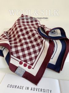 CAIENGE | Elegant Silk Wool Scarf Check Pattern Double Face