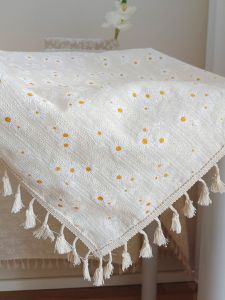 Japanese Style Small Daisy Cotton Linen Artistic Fresh Tablecloth Tea Table Cover Towel Photography Background Cloth