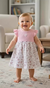 [Pink Heart] Baby & Toddler Knit cotton floral dress with ruffled sleeves and heart applique.