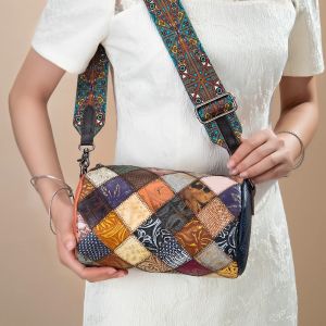 BeeGreen Women Real Leather Ethnic-style Shoulder Bag Multicolor Patchwork Sling Bag Fashion Wide Strap Barrel Bag