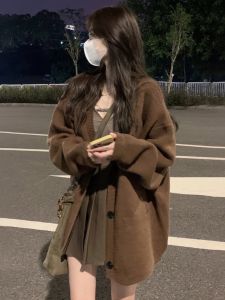 Soft Cozy Womens Knitted Sweater Coat Cardigan Autumn Winter New Lazy Style Loose Outerwear V-neck Long Sleeve Commute Fashion