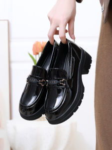 Muffin Heel Raise the Bottom Stylish Loafers Black Low-Cut Slip-on Mid Heel Working Leather Shoes Small Womens Shoes
