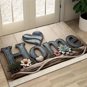 VIKAMA 3D Home Wood Letter Succulent Heart Rope Art Crystal Velvet Door Mat Non Slip Entryway Bedroom Living Room Home Decor