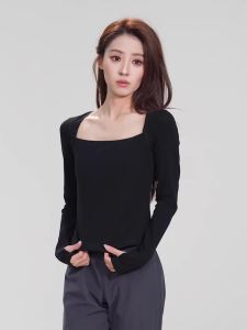 Square Neckline Dance Tops for Girls Women Modern Dance Training Top Cotton Long Sleeve Fitness Sport Tops with Thumbhole Cuffs