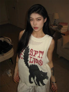 Áo Len Dệt Kim Rỗng American High Street Dành Cho Nữ Mùa Hè Mới in Hình Mèo Thời Trang Rộng Rãi Hip Hop Áo Phông