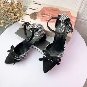 Giày cao gót vuông 5p bít mũi da nhung phối caro kết nơ búp bê - BM23