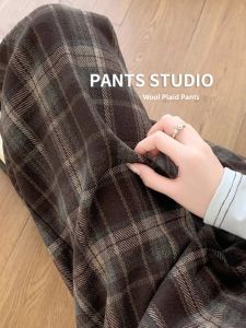 WANGGONGZHU | High Waist Plaid Fleece Lined Thick Wide Leg Pants Women Autumn Winter Straight Casual Long Pants Slimming Fashionable