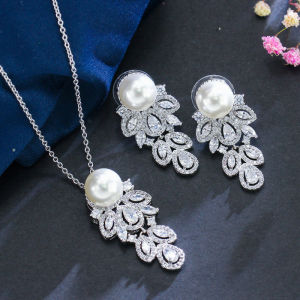 SEQUITO Delicate White Gold Plated Jewelry Set Full Micro Inlay Tiny AAA Cubic Zircon Hollow Out Teardrop Dangle Drop Pearl Earrings Necklace Noble Bridal Wedding Accessories SJ288