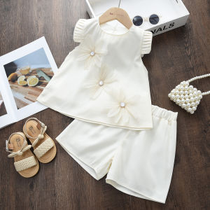 Bear Leader Summer New 3D Flower Girls Suit Korean Version Ruffle Sleeve T-shirt Tops and Pants Two Piece Set Sweet Plain Kids Clothes Fashion Wear