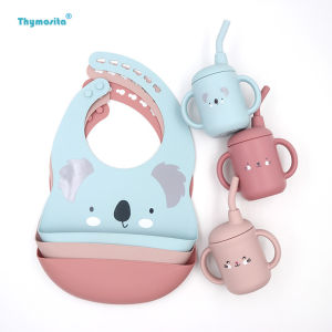 Baby Silicone Feeding Utensils Set Print Neck Gaiter Learning to Drink Cup Anti-Fall Dirty Proof Water Cup Child Feeding Supplies