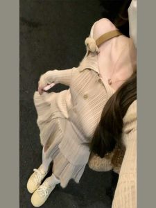 Fall and Winter Young Adult Lazy Sweater Suit Womens Pure Desire Long Sleeves Knitting Cardigan High Waist Pleated Skirt Two-piece Set