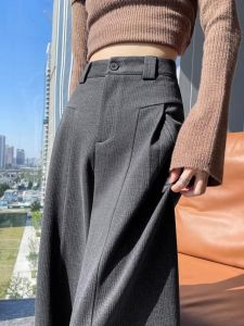 WANGGONGZHU | High Waist Slimming Suit Wide Leg Pants Women Autumn Winter New Fleece Thick Casual Loose Straight Floor Length Trousers