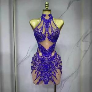 Women Sparkling Rhinestone Mesh Mini Dress Shiny Crystal Outfit Birthday Party Celebration Stage Costume Performance Dancewear