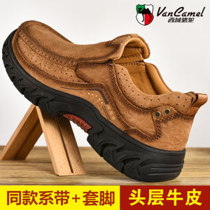 รองเท้าลำลองผู้ชาย รองเท้าบู๊ตปีนเขาแบบลำลอง หนังแท้ กันน้ำ ทรงหัวมน ยางกันลื่น รองเท้าทำงานแบบหนา รองเท้าลำลองสำหรับกลางแจ้ง