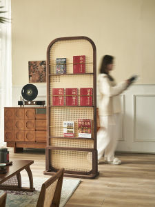Retro Rattan Screen Solid Wood Living Room Partition Movable Block Small Apartment Home Minimalist Screen White Wax Wood
