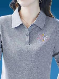 Elegant Cotton Long Sleeve T-Shirt Womens Spring New Style Age-Defying Mom Polo Shirt Embroidered Versatile Spring Top