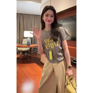 YUEZHONGWEI | Áo thun tay ngắn màu xám cổ tròn dáng ôm mùa hè phong cách retro Mỹ dành cho nữ thiết kế áo ngắn thời trang