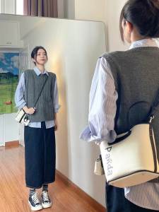 Retro Knitted Shirt And Vest Set Womens Outerwear Autumn Winter Fashion Ensemble Korean Style Lazy Chic Polyester Blend