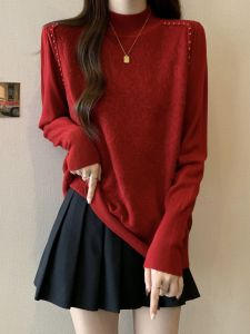 เสื้อถักคอสูงครึ่งตัวสีแดง เสื้อชั้นในสำหรับผู้หญิงไซส์ใหญ่ ทรงเข้ารูป ฤดูใบไม้ผลิและฤดูใบไม้ร่วง เสื้อสเวตเตอร์แฟชั่น