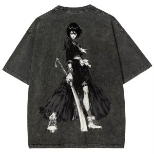 Bandai | Retro Wash BLEACH Kuchiki T Shirt Men Oversized Anime Graphic Tees Senbonzakura Kageyoshi Print Cotton Short Sleeve Streetwear