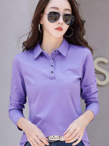 Pure Cotton Long Sleeve Polo Shirt Womens T-shirt Casual Sport Top Turn-down Collar Inner Wear Base Layer Shirt Autumn New Style