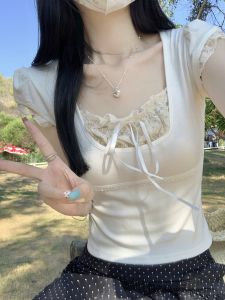 French Lace Short Sleeve T-Shirt Women Summer New Style U-Neck Show Clavicle Slim Sweet And Spicy Short Top Butterfly Knot Splice