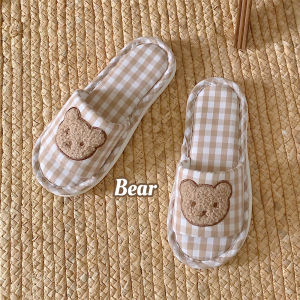 Indoor Cotton Linen Slippers Womens Four Seasons Universal Brown Bear Linen Slippers Anti-Slip Cute Striped Home Comfortable