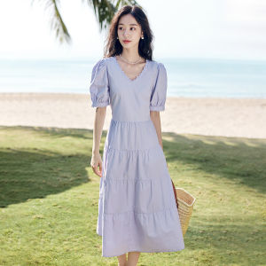 INMAN | Đầm Dài Vải Cotton Phong Cách Trà Pháp Cổ V