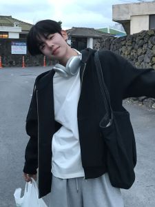 Áo Khoác Cardigan Nam Mùa Thu Đông Mỏng Lót Lông Cừu Thường Ngày Rộng Rãi Đa Năng Áo Nỉ Có Khóa Kéo Màu Trơn Hợp Thời Trang