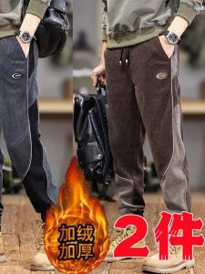 Mens Thickened Fleece Lined Casual Corduroy Pants Loose Fit Elastic Waist Cargo Trousers Autumn Winter Fashion Trend Youth Style