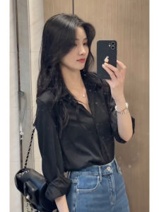 Early Spring Black V-Neck Silk Shirt Womens Commute Style Long Sleeve Polo Collar Regular Fit Pure Color Korean Version