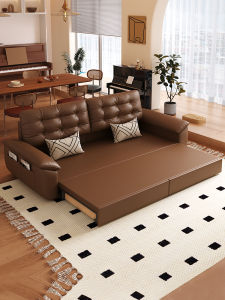 MEIZHAISHENGHUO | Retro Caramel Color Cloud Comfort Small Apartment Storage Extensible Genuine Leather Sofa Bed