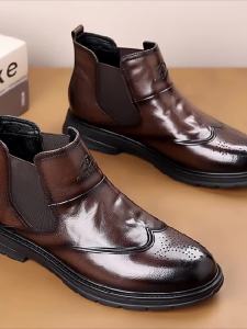 NUDANLAI | High-top Leather Shoes Mens Winter Two-layer Cotton Slip-on Chelsea Boots Boots Brogue Engraved Business Casual Shoes